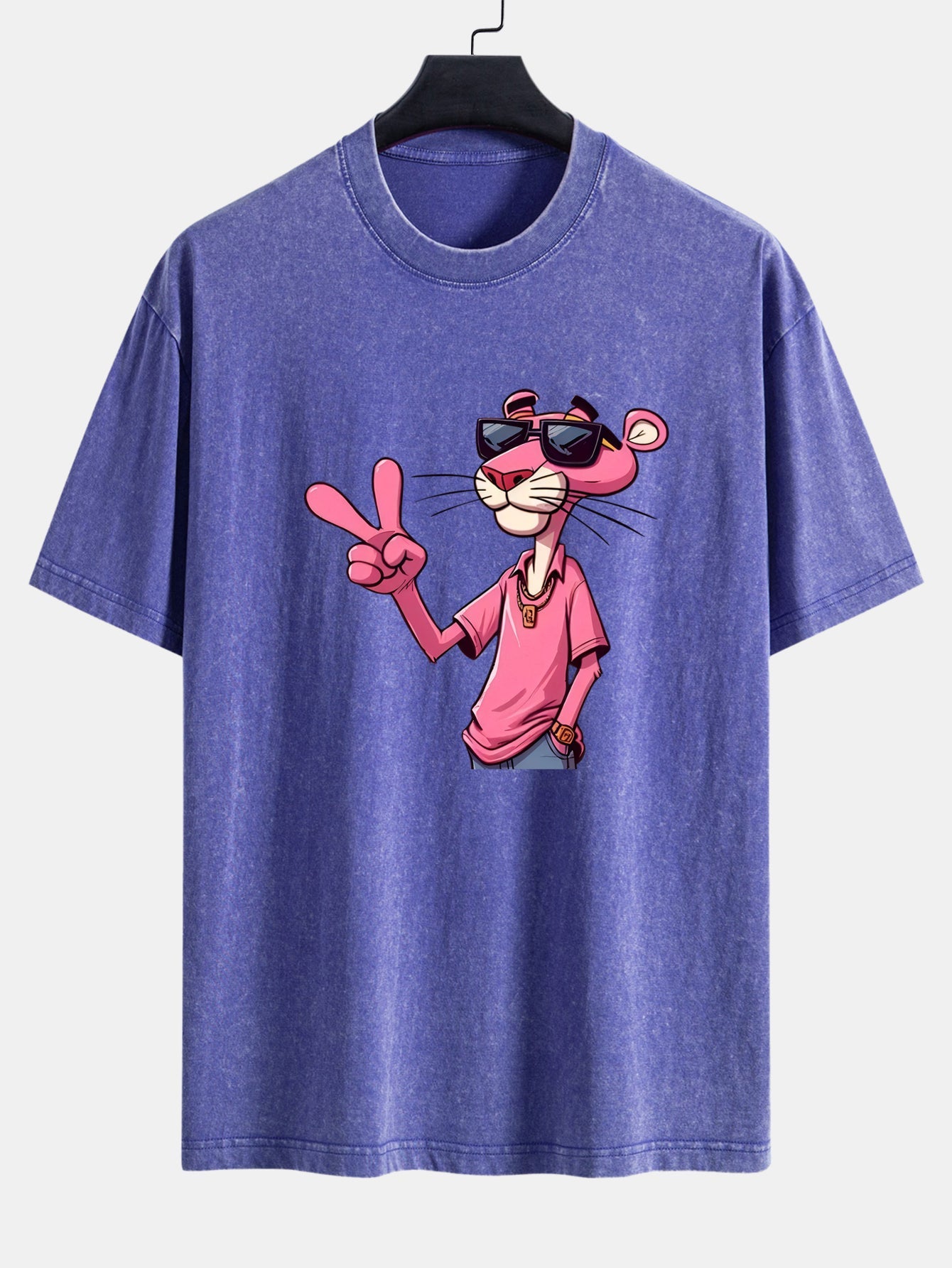 Pink Panther With V Sign Print Washed Distressed Drop Shoulder T-Shirt