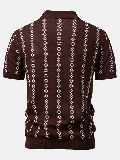 Geometric Knit V Neck Polo Shirt