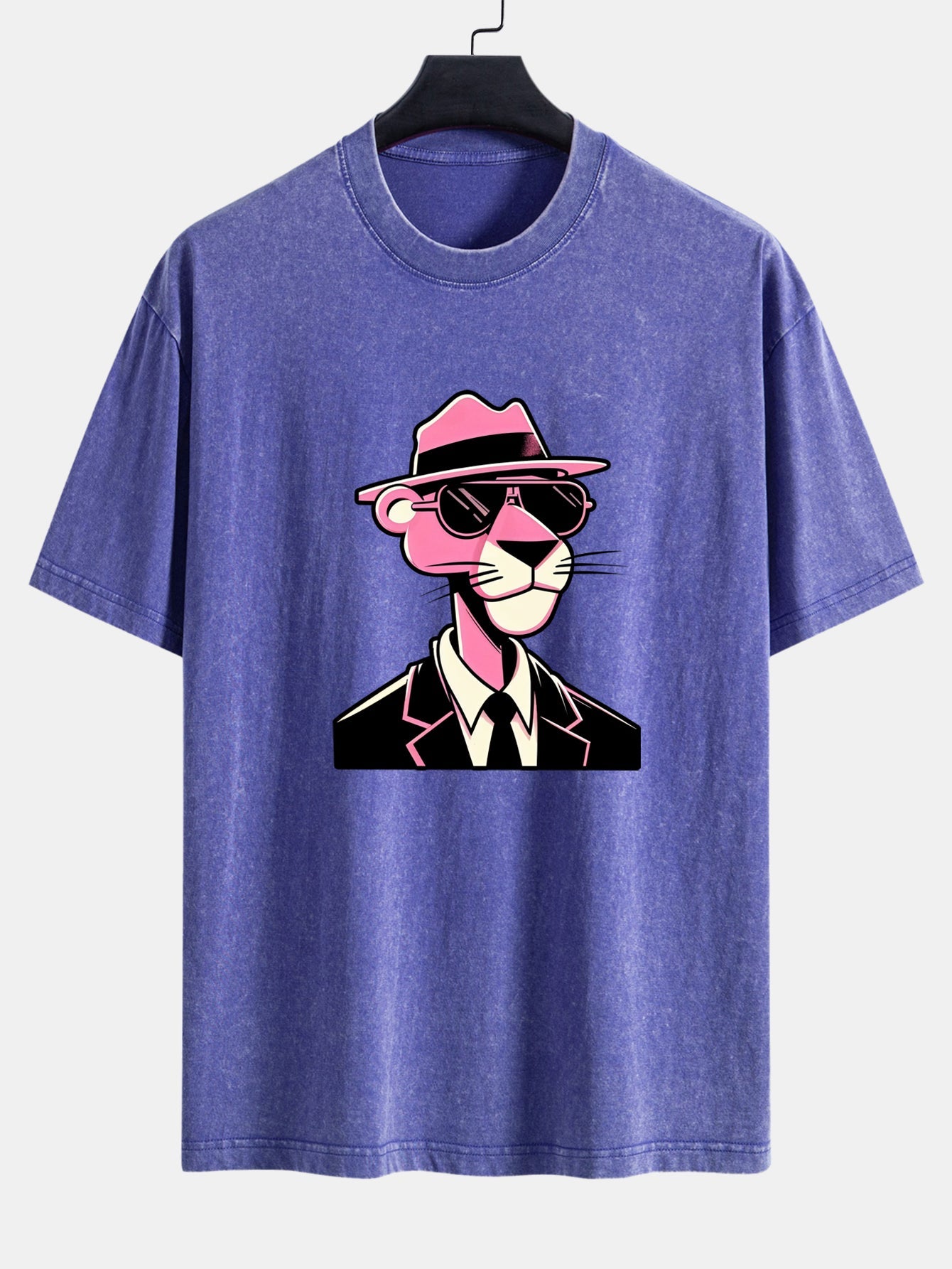 Pink Gentleman Panther Print Washed Distressed Drop Shoulder T-Shirt