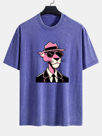 Pink Gentleman Panther Print Washed Distressed Drop Shoulder T-Shirt