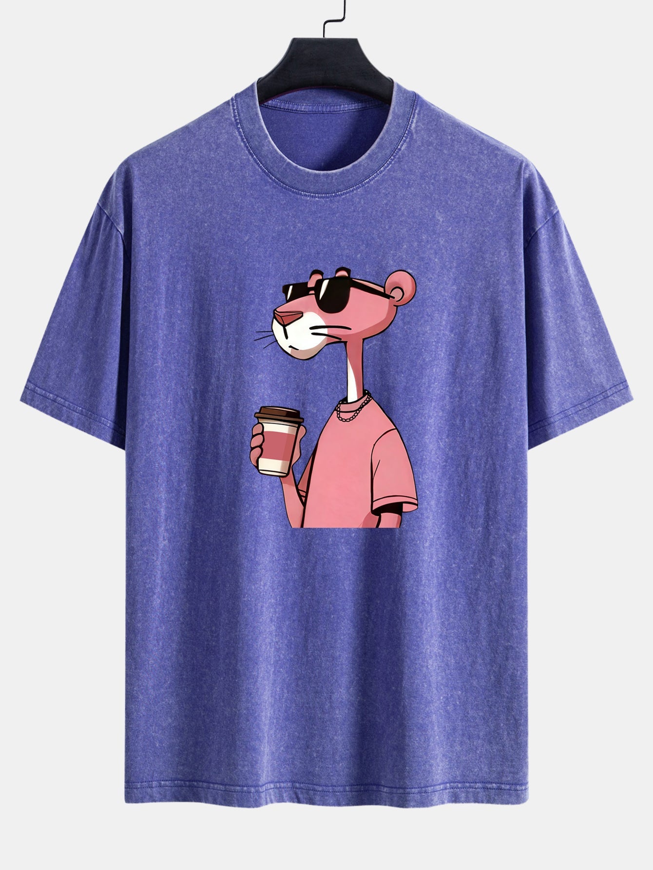 Pink Panther Drinking Coffee Print Washed Distressed Drop Shoulder T-Shirt