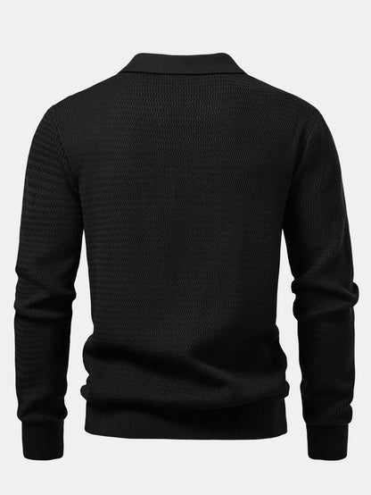 Long Sleeve Wave Jacquard V Neck Knit Polo Shirt