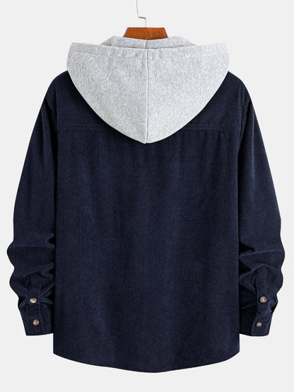 Contrast Corduroy Hooded Overshirt With Pockets