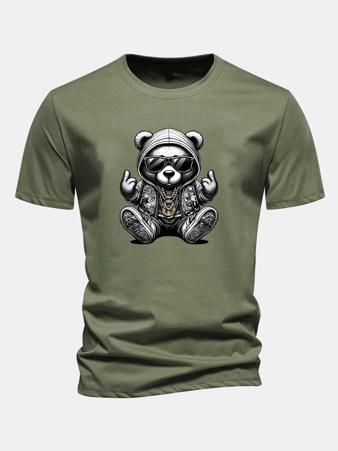 Regular Fit Hip Hop Bear Print Cotton T-Shirt
