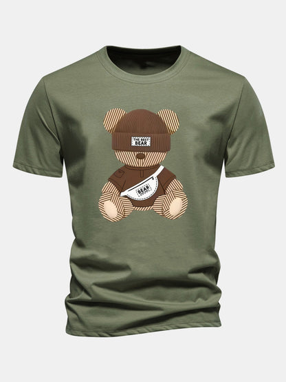 Regular Fit Stripe Bear Print Cotton T-Shirt
