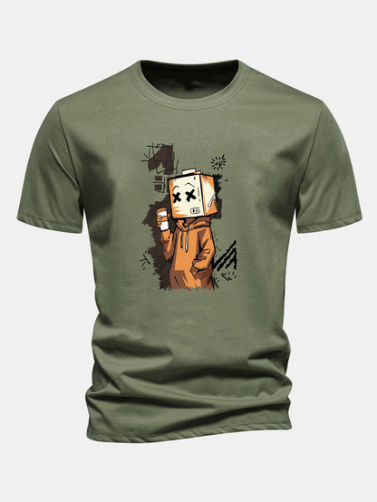 Regular Fit Cartoon Box Head Print Cotton T-Shirt