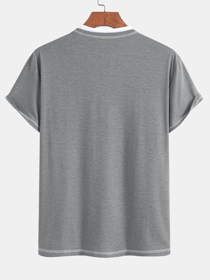 2-in-1 Notched Collar Contrast Stitching T-Shirt