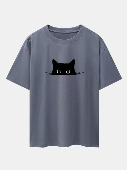 Black Cat Print Drop Shoulder Oversize T-Shirt