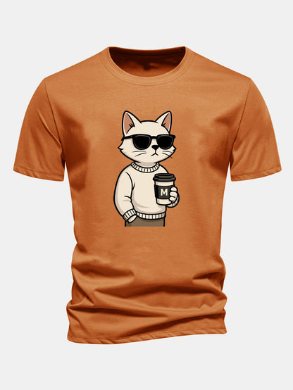 Regular Fit Cat Drinking Coffee Print Cotton T-Shirt