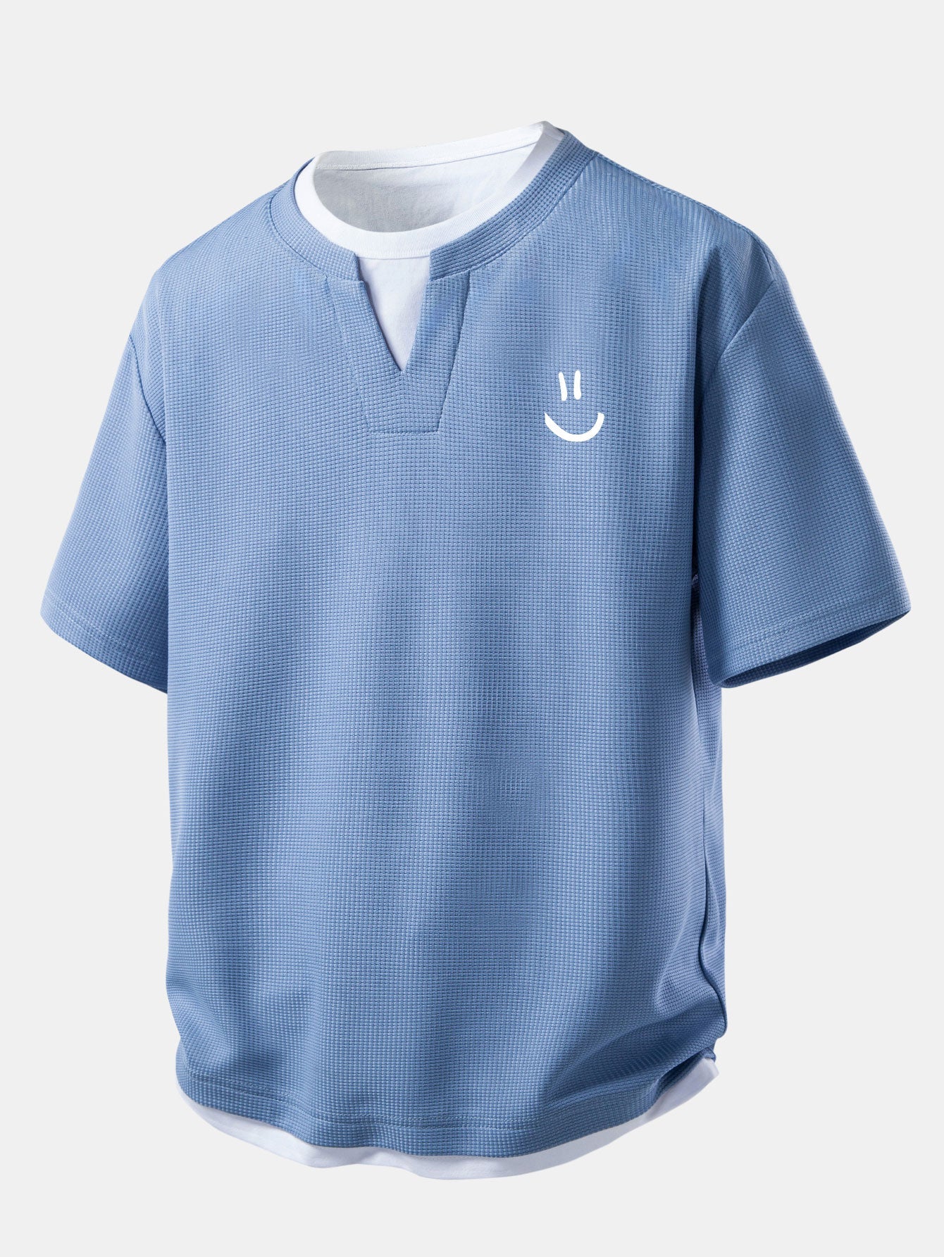 Relax Fit Smiley Face Print 2 In 1 Notched Collar Waffle T-Shirt