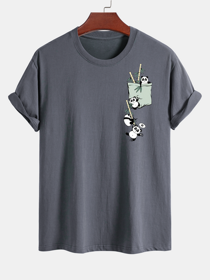 Regular Fit Pocket Panda Print Cotton T-Shirt