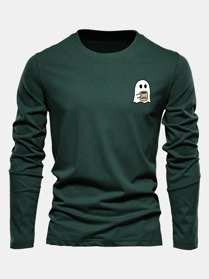 Long Sleeve Ghost Drinking Coffee Print Cotton T-Shirt