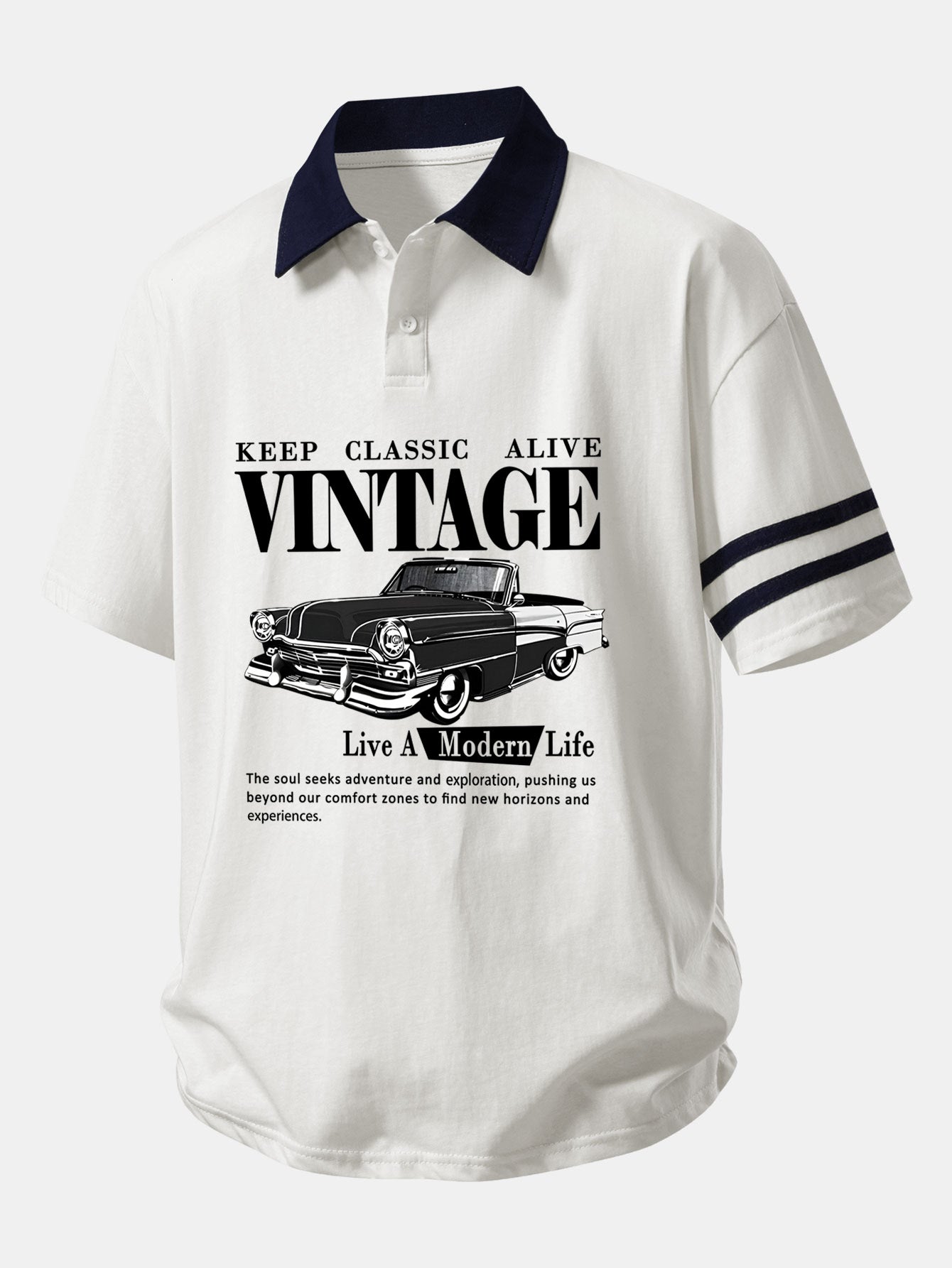 Relax Fit Vintage Car Print Contrast Collar Polo Shirt