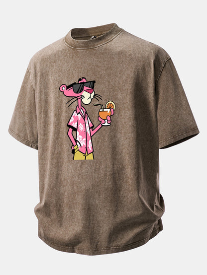 Vacation Pink Panther Print Washed Distressed Drop Shoulder T-Shirt