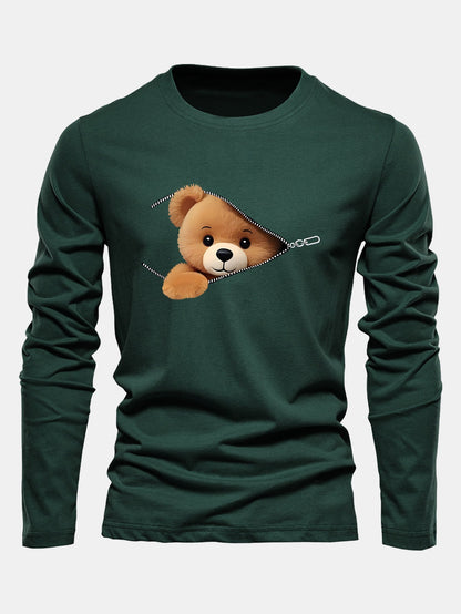 Long Sleeve Zipper Bear Print Cotton T-Shirt