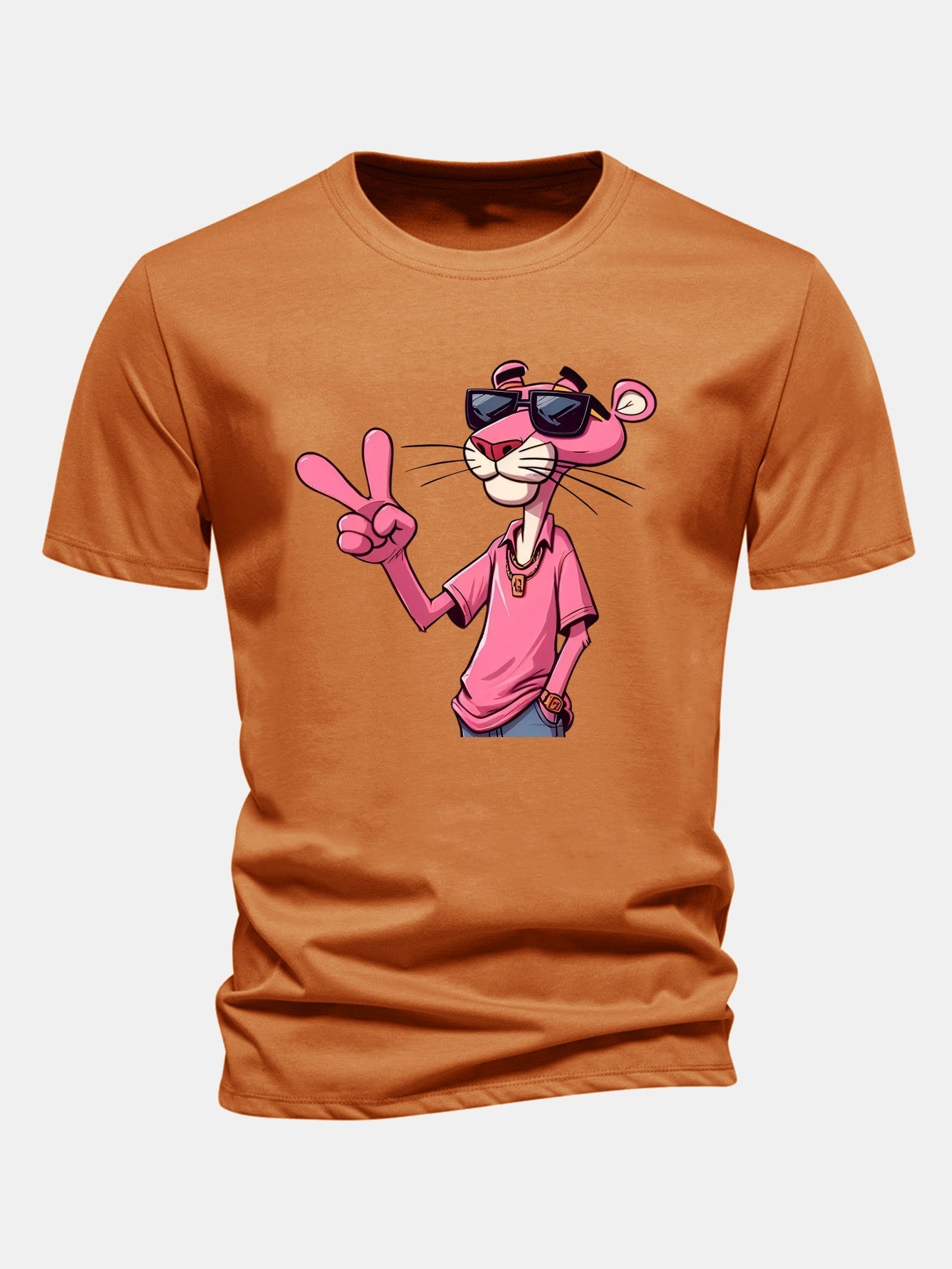 Regular Fit Pink Panther With V Sign Print Cotton T-Shirt