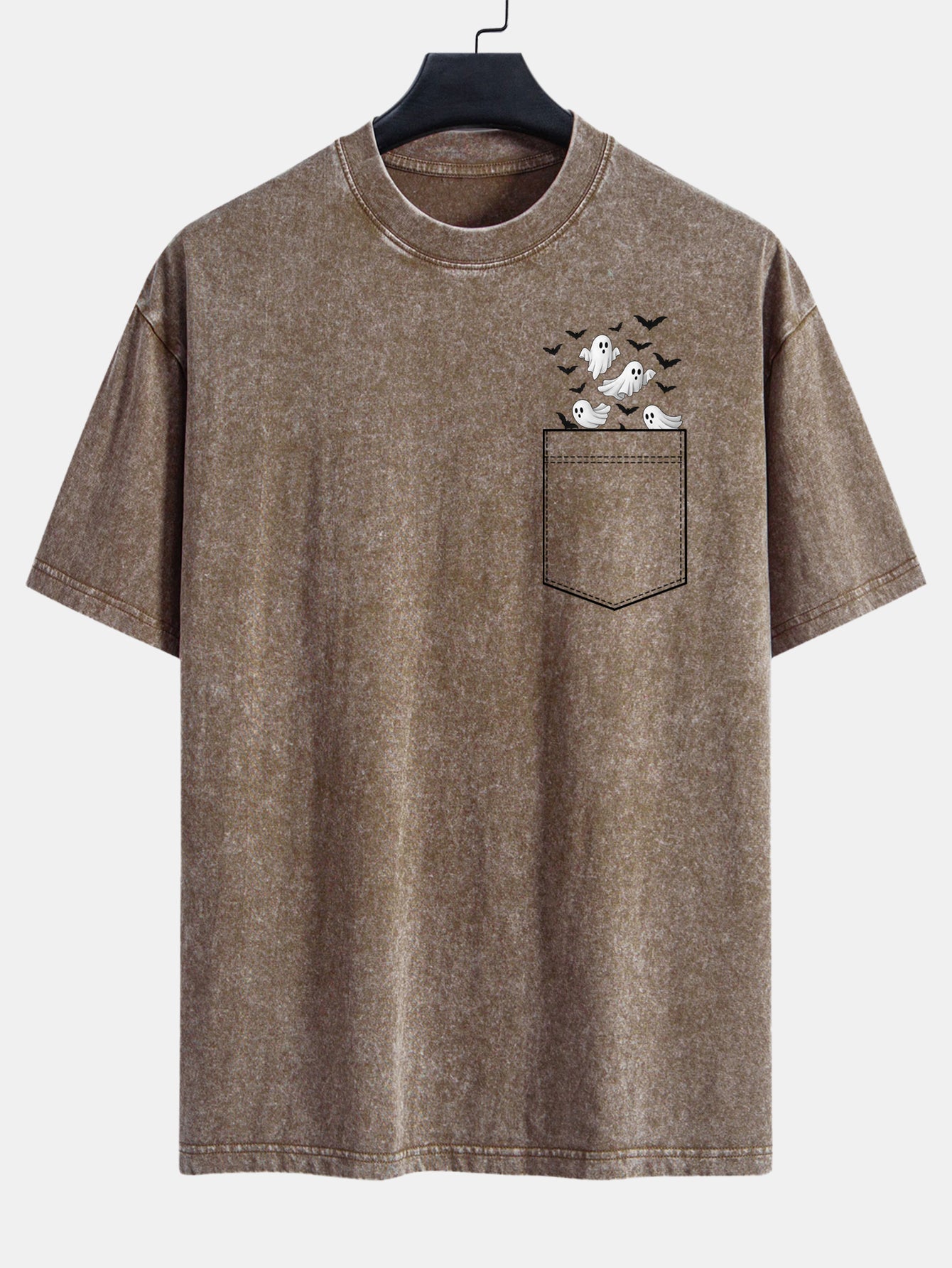 Pocket Bat Ghost Print Washed Distressed Drop Shoulder T-Shirt