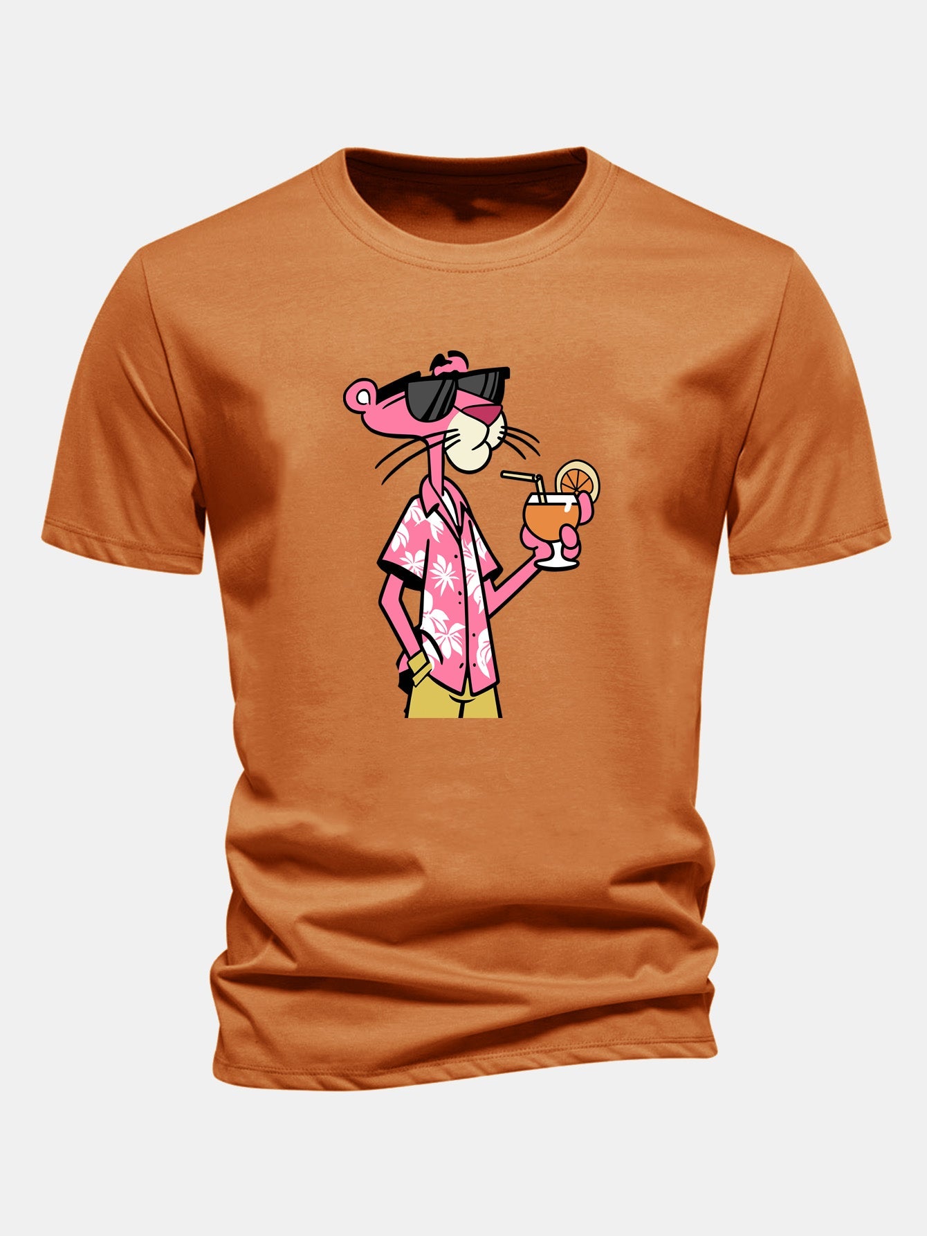 Regular Fit Vacation Pink Panther Print Cotton T-Shirt