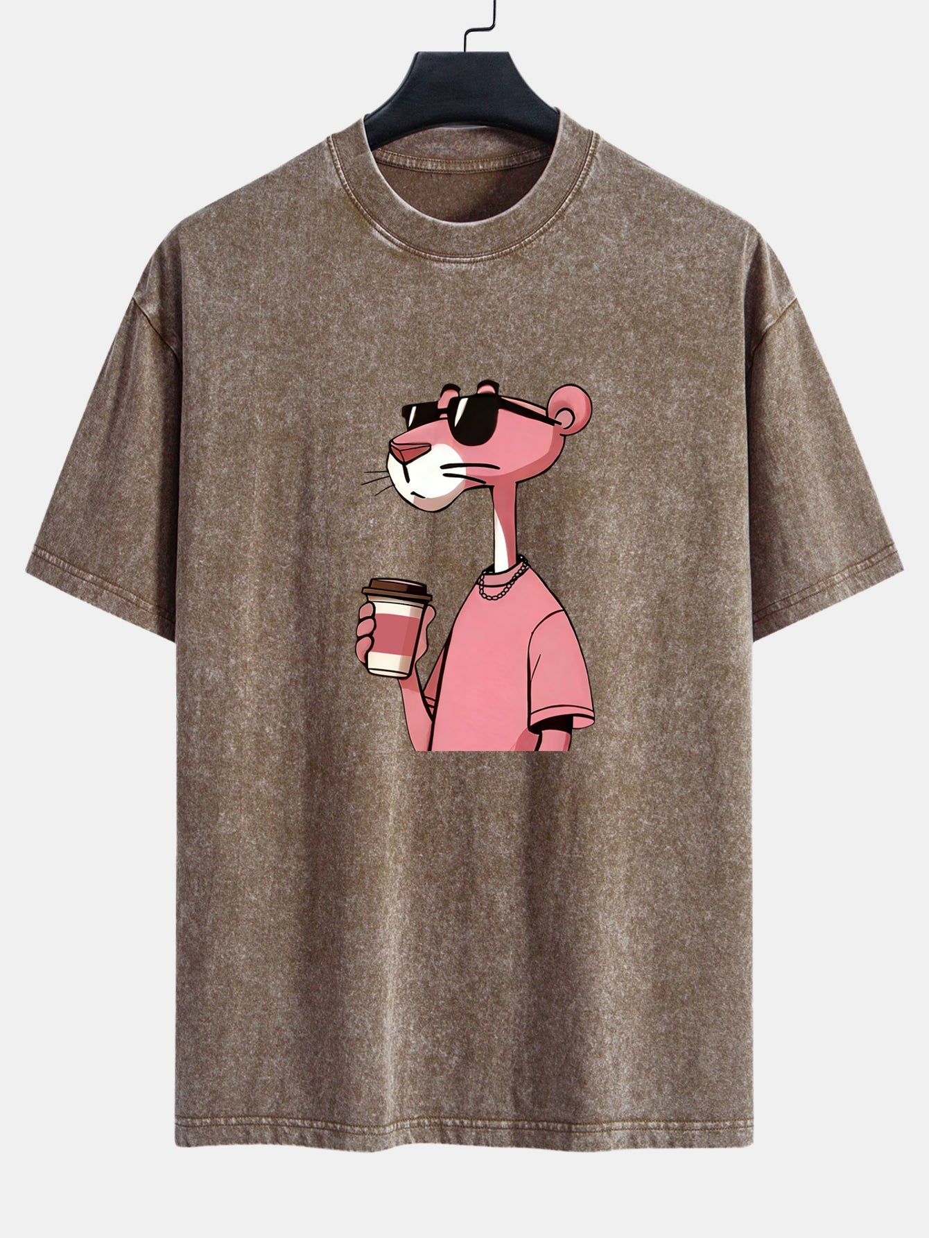 Pink Panther Drinking Coffee Print Washed Distressed Drop Shoulder T-Shirt