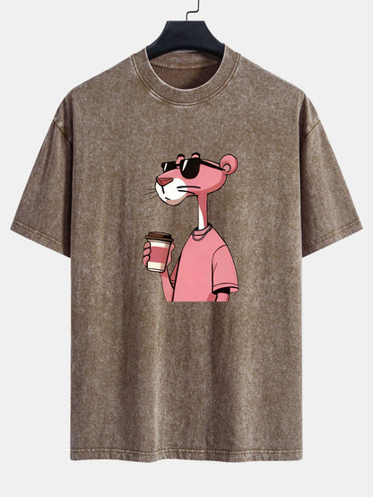 Pink Panther Drinking Coffee Print Washed Distressed Drop Shoulder T-Shirt