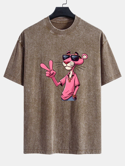 Pink Panther With V Sign Print Washed Distressed Drop Shoulder T-Shirt