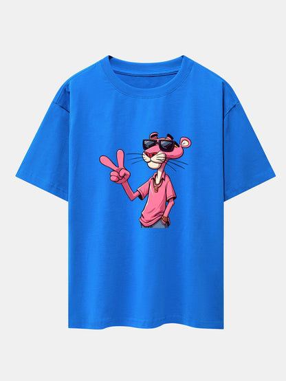 Pink Panther With V Sign Print Drop Shoulder Oversize T-Shirt