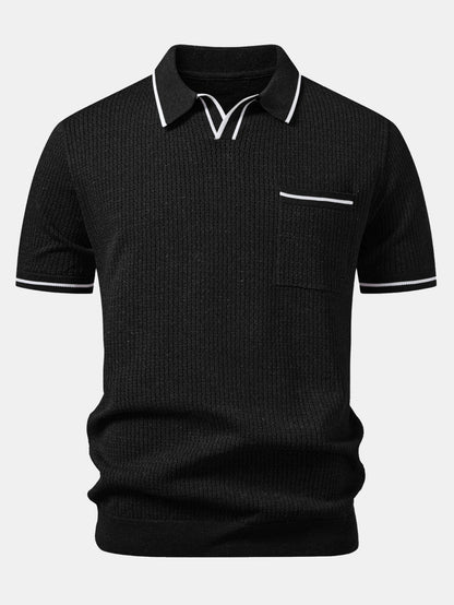 Contrast Stripe Trim Pocket Johnny Collar Knit Polo