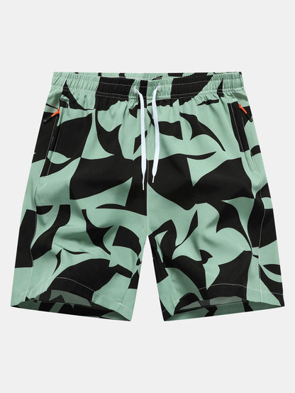 Color Block Print Zipper Pocket Shorts