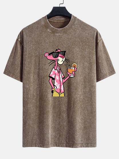 Vacation Pink Panther Print Washed Distressed Drop Shoulder T-Shirt