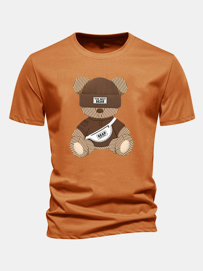 Regular Fit Stripe Bear Print Cotton T-Shirt