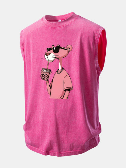 Pink Panther Print Washed Distressed Tank Top