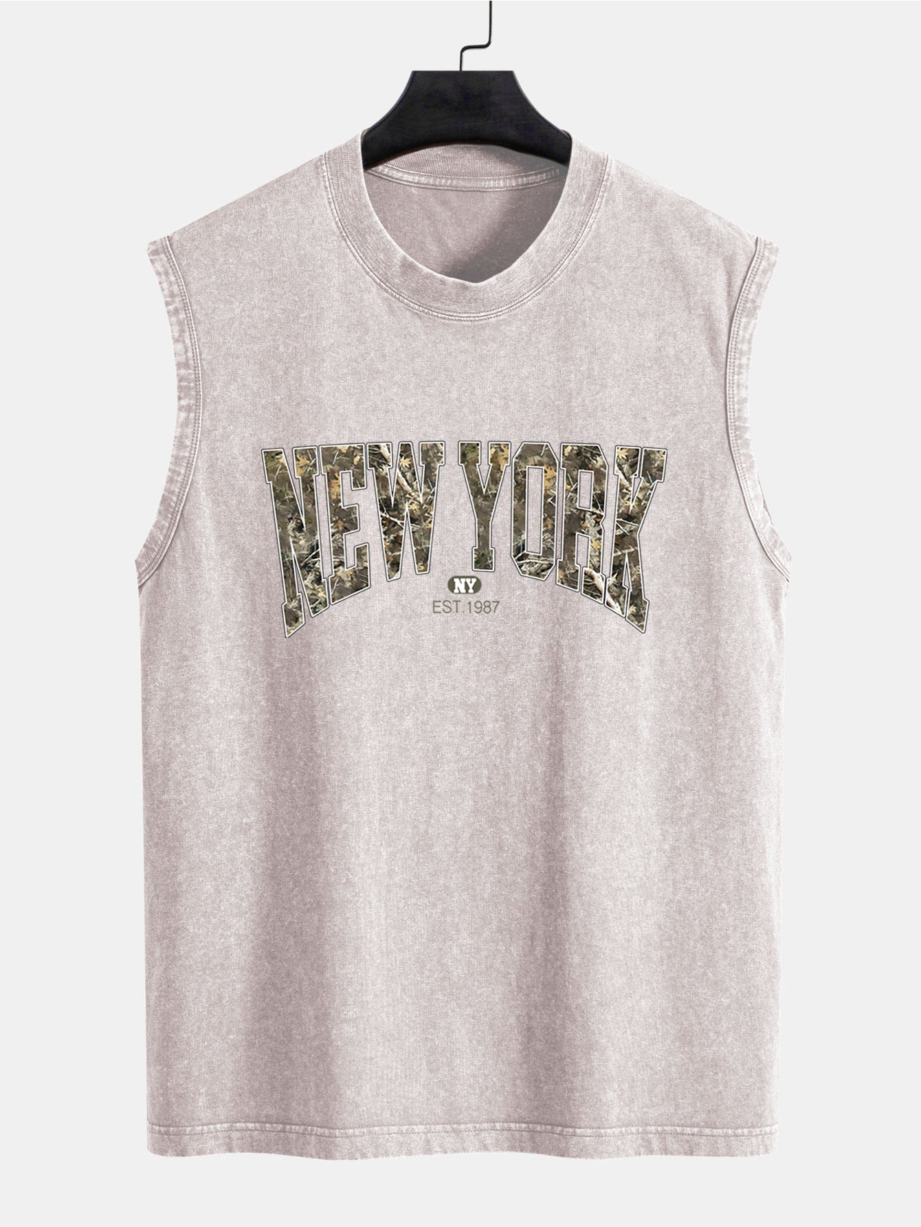 Camouflage New York Print Washed Distressed Tank Top