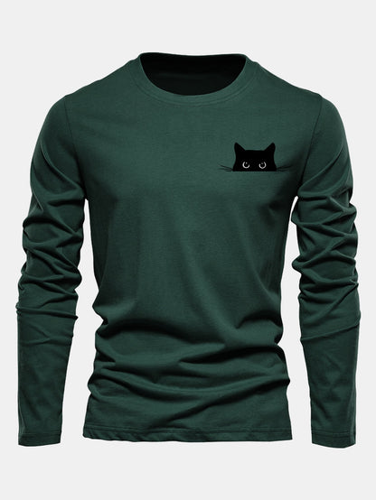 Long Sleeve Black Cat Print Cotton T-Shirt