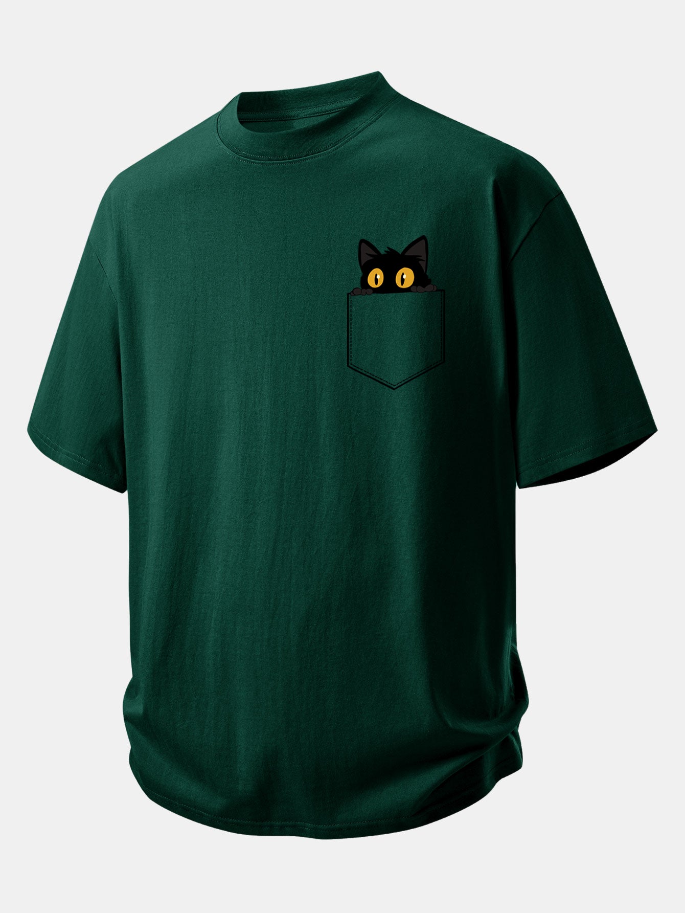 Relax Fit Pocket Black Cat Print Cotton T-Shirt