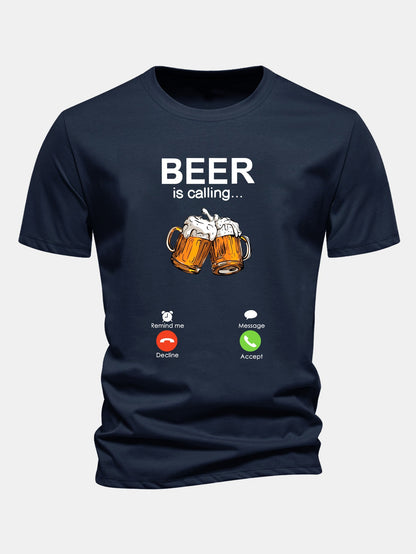 Regular Fit Beer Is Calling Print Cotton T-Shirt