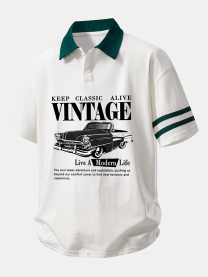 Relax Fit Vintage Car Print Contrast Collar Polo Shirt
