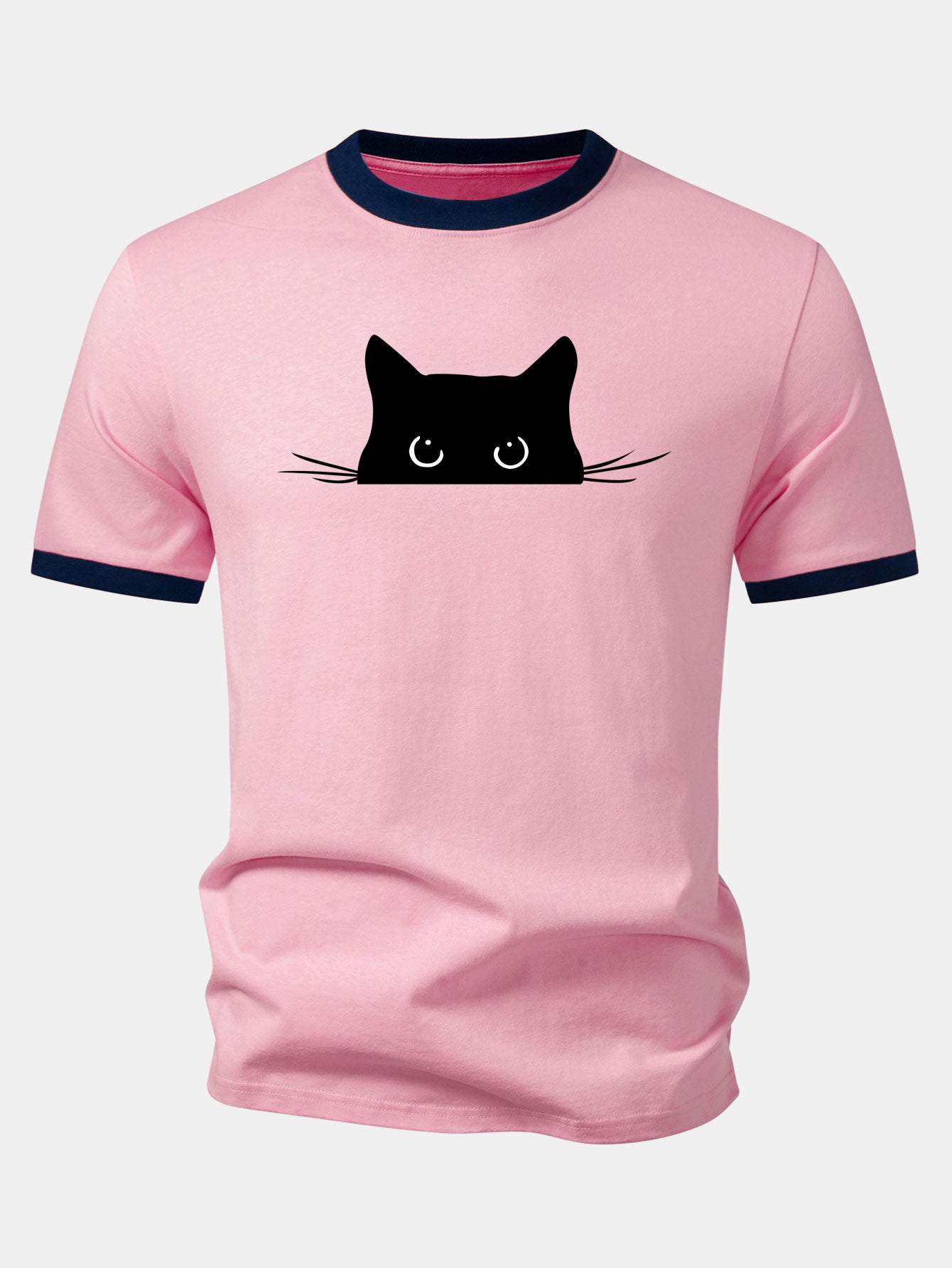 Black Cat Print Contrast Ringer T-Shirt