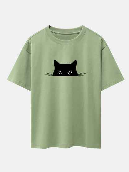 Black Cat Print Drop Shoulder Oversize T-Shirt
