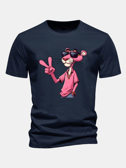 Regular Fit Pink Panther With V Sign Print Cotton T-Shirt