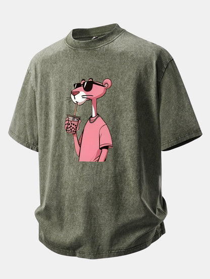 Pink Panther Print Washed Distressed Drop Shoulder T-Shirt