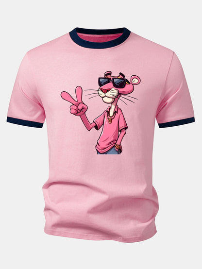 Pink Panther With V Sign Print Contrast Ringer T-Shirt