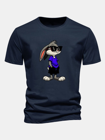 Regular Fit Sunglasses Rabbit Print Cotton T-Shirt