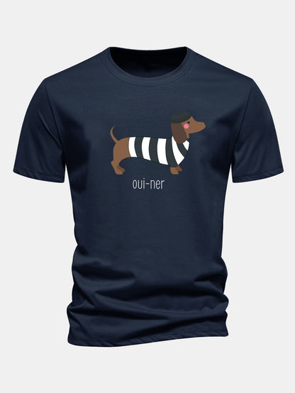 Regular Fit French Dachshund Print Cotton T-Shirt
