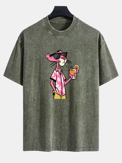 تي شيرت بأكمام متدلية مزين برسمة بانثر وردي بتصميم قديم