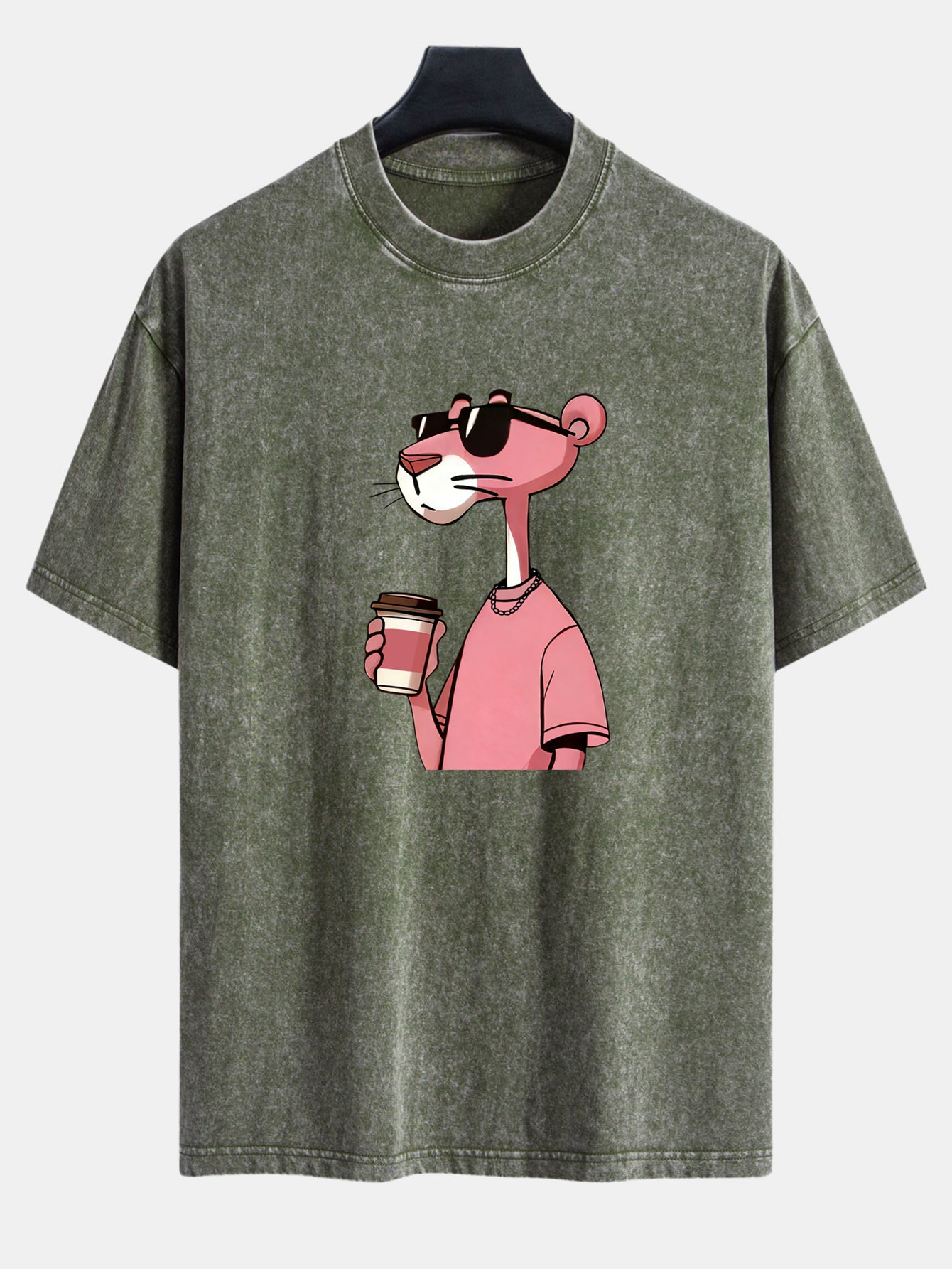 Pink Panther Drinking Coffee Print Washed Distressed Drop Shoulder T-Shirt