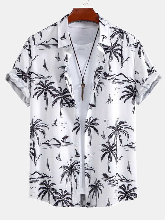 Palm Tree Island Print Button Up Shirt