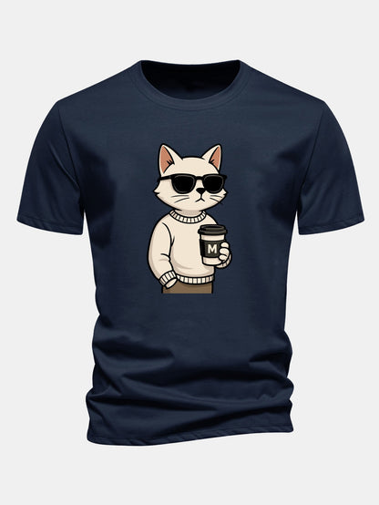 Regular Fit Cat Drinking Coffee Print Cotton T-Shirt