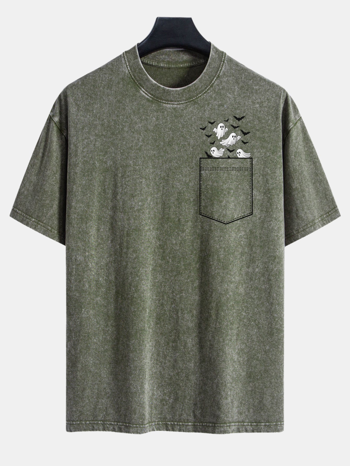 Pocket Bat Ghost Print Washed Distressed Drop Shoulder T-Shirt