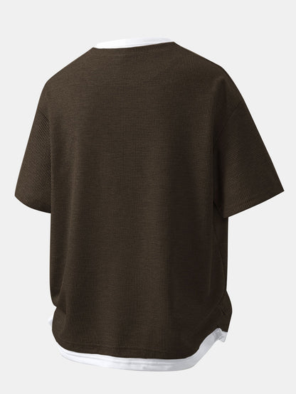 Relax Fit Smiley Face Print 2 In 1 Notched Collar Waffle T-Shirt