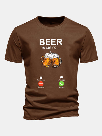 Regular Fit Beer Is Calling Print Cotton T-Shirt